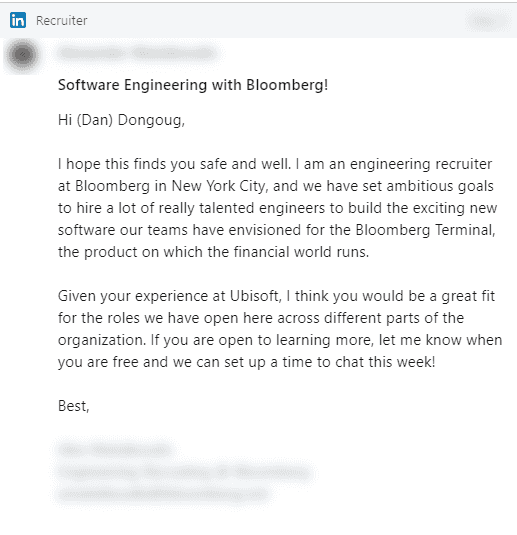 LinkedIn Message from Bloomberg recruiter