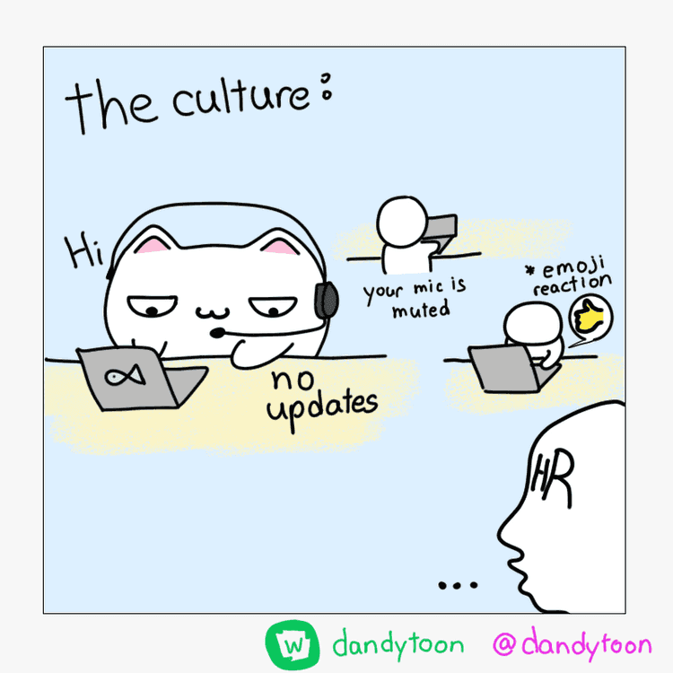 Shows cat and other employees being in the same physical space but still interacting with each other on virtual meetings. "Hi no update" "your mic is muted" "emoji reactions"