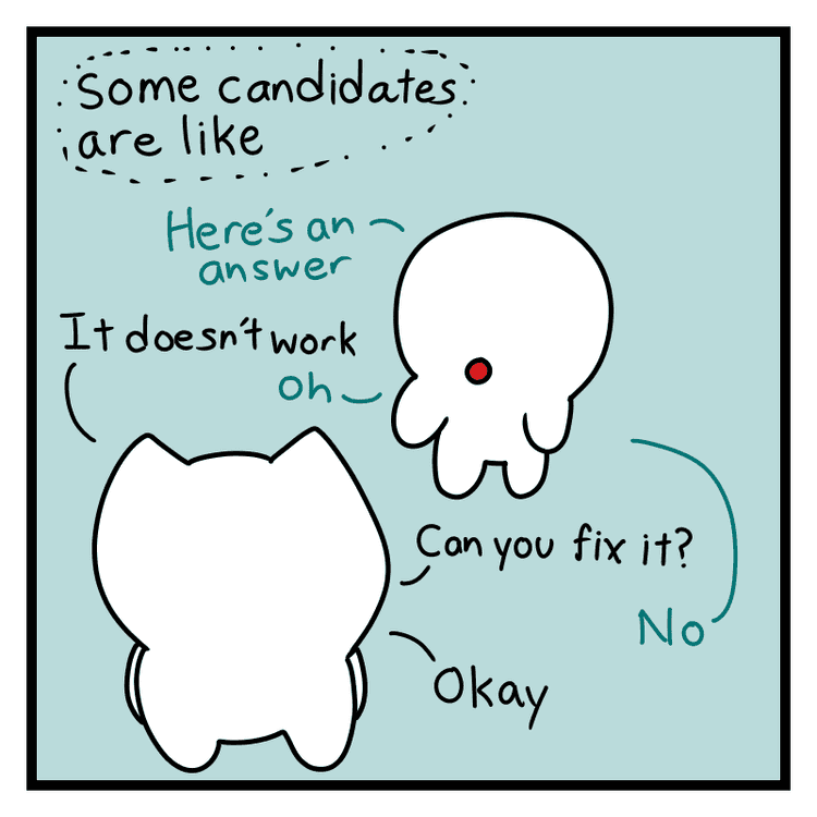 Shows cat and an intern candidate at an interview. Candidate struggles with answering question