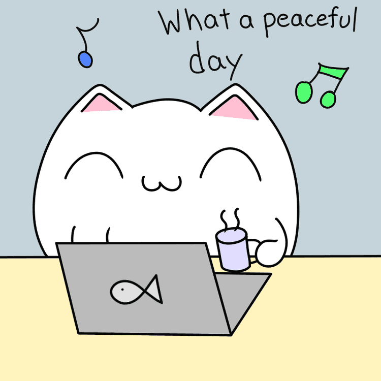 First image in a 6-image cartoon. Shows a cat enjoying its day infront of laptop with coffee