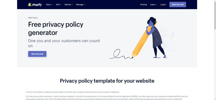 Screenshot of Shopify's privacy policy generator