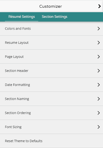 Creddle Resume customization menu