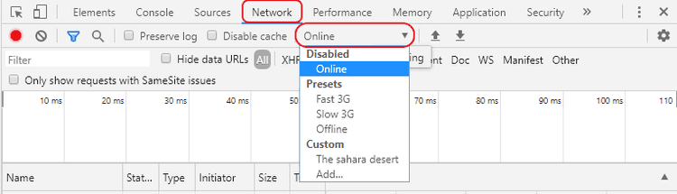 Chrome DevTools Network Throttling Option