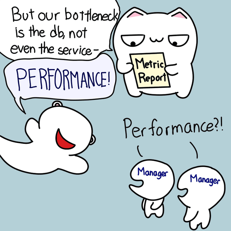 Shows cat saying the service is not their bottleneck, but the db is. But the colleague says "performance" and the managers are intrigued