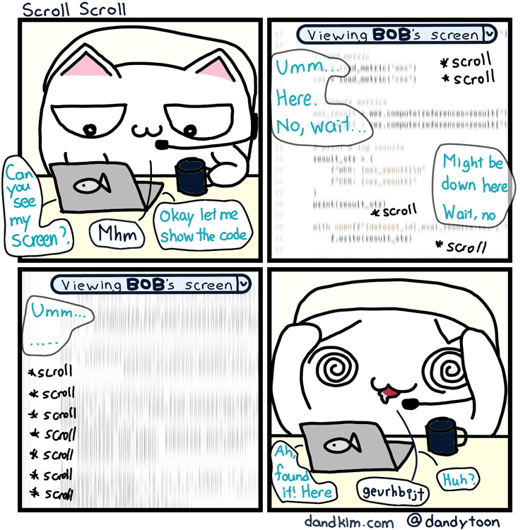 4 panel drawing of a cute cat getting dizzy when someone scrolls through too much code over zoom screenshare