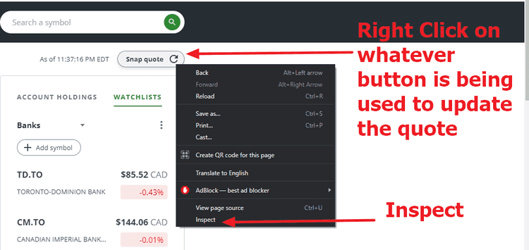 Steps to update the code to fix Questrade automatic refresh button script